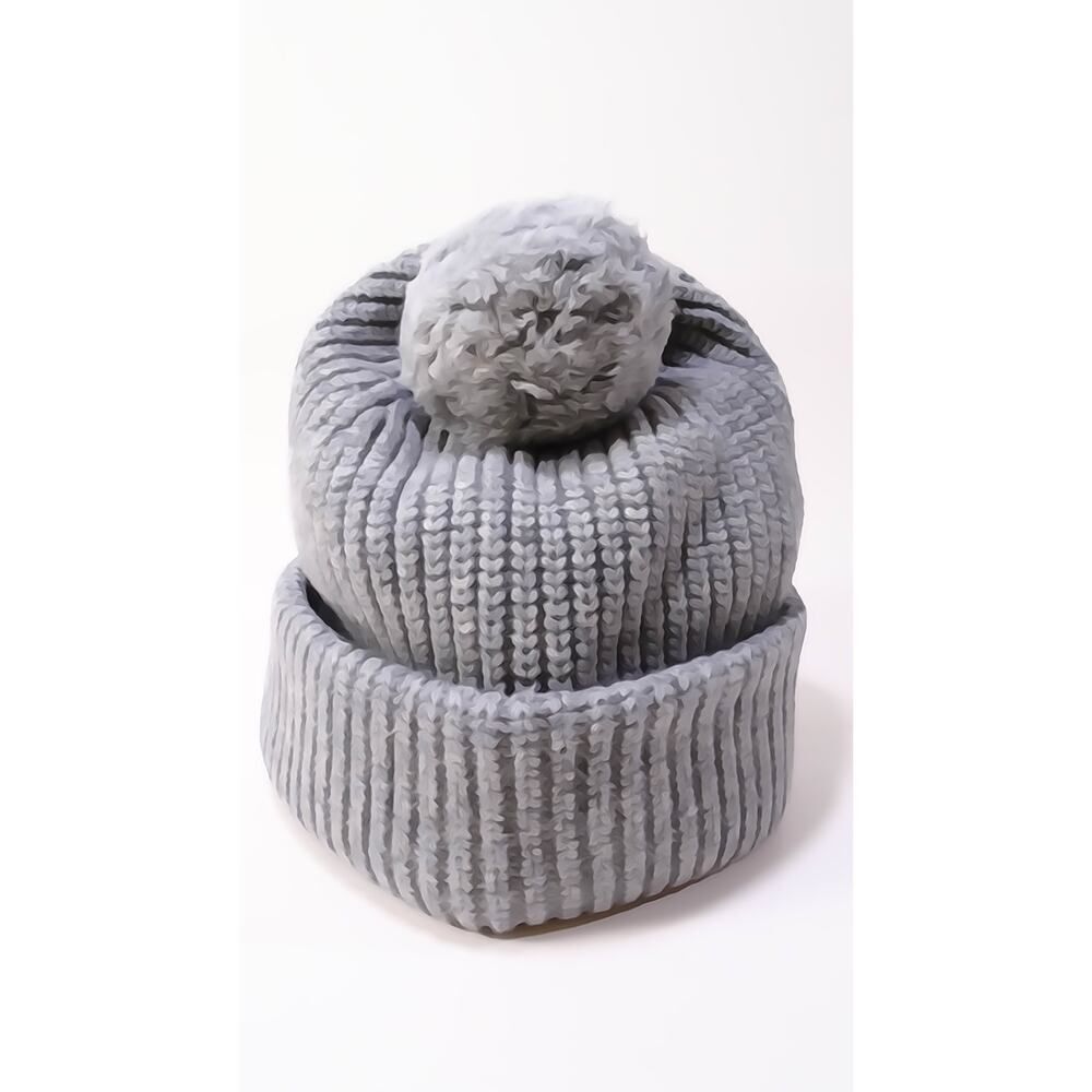 NWT LUXTON Women's Ribbed Cashmere Wool Pom Pom Beanie Hat NIB 220 Ash Grey